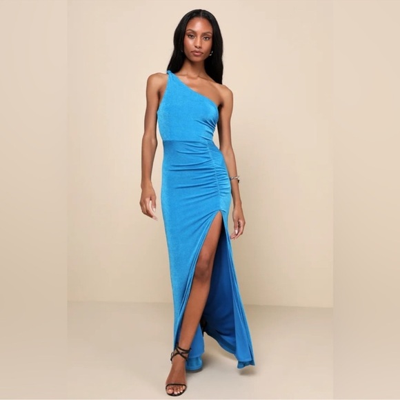 lulu Especially Breathtaking Blue Ruched One-Shoulder Maxi Dress - Picture 2 of 3